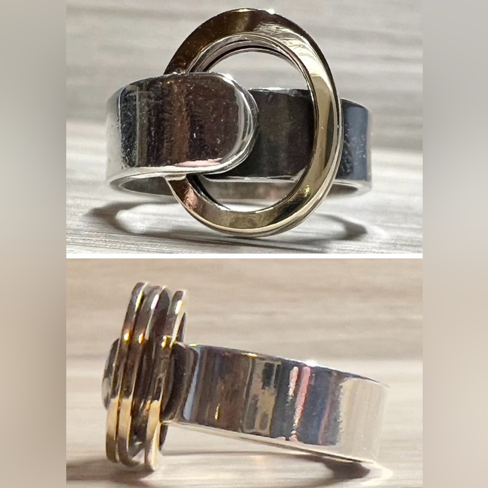 Vintage Designer Signed G-R Sterling Silver & 14K Gold Modernist Band Ring